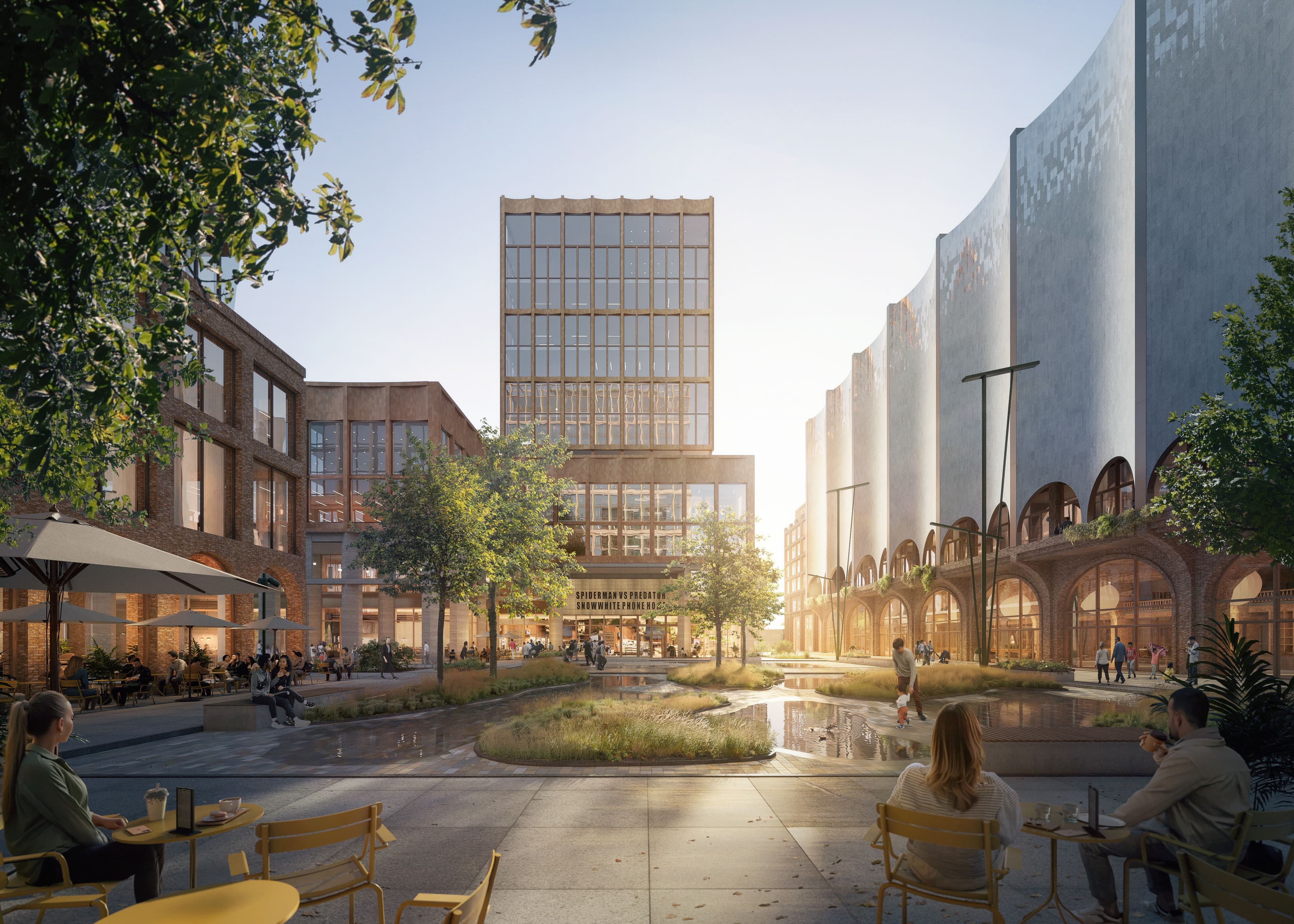 Illustrasjon av torget foran Unity Arena - Kino og Kontorbygg