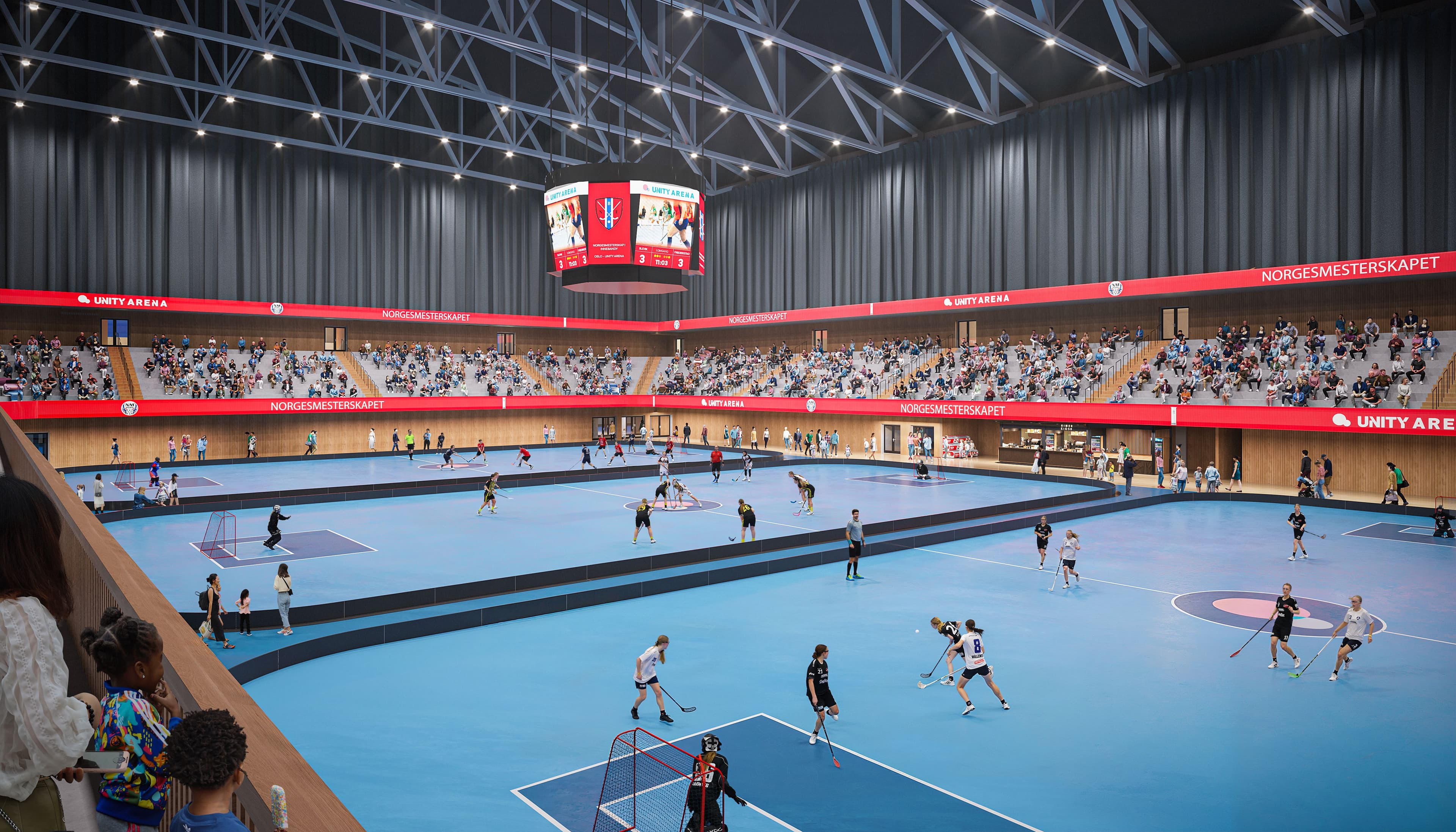 Innebandymesterskap og internasjonale konkurranser kan avholdes i Nye Unity Arena. Illustrasjon: Rodeo arkitekter