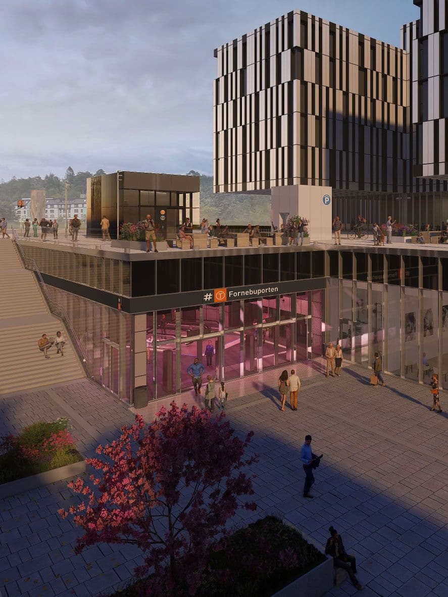 Illustrasjon av inngangen til Fornebuporten T-banestasjon. Illustrasjon: A-lab og Zaha Hadid Architects