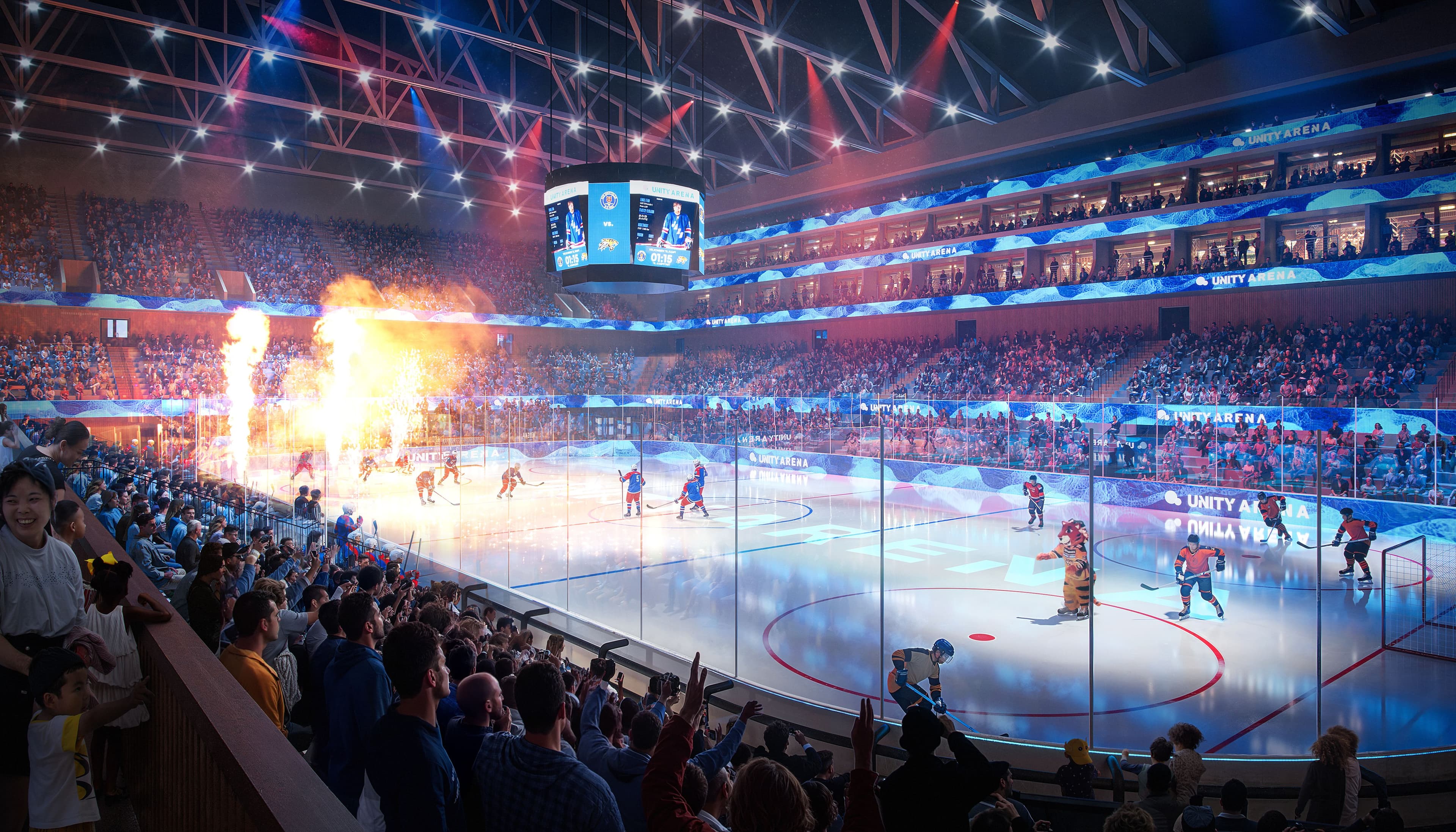 Ishockeykamp i Nye Unity Arena. Illustrasjon: Rodeo arkitekter.