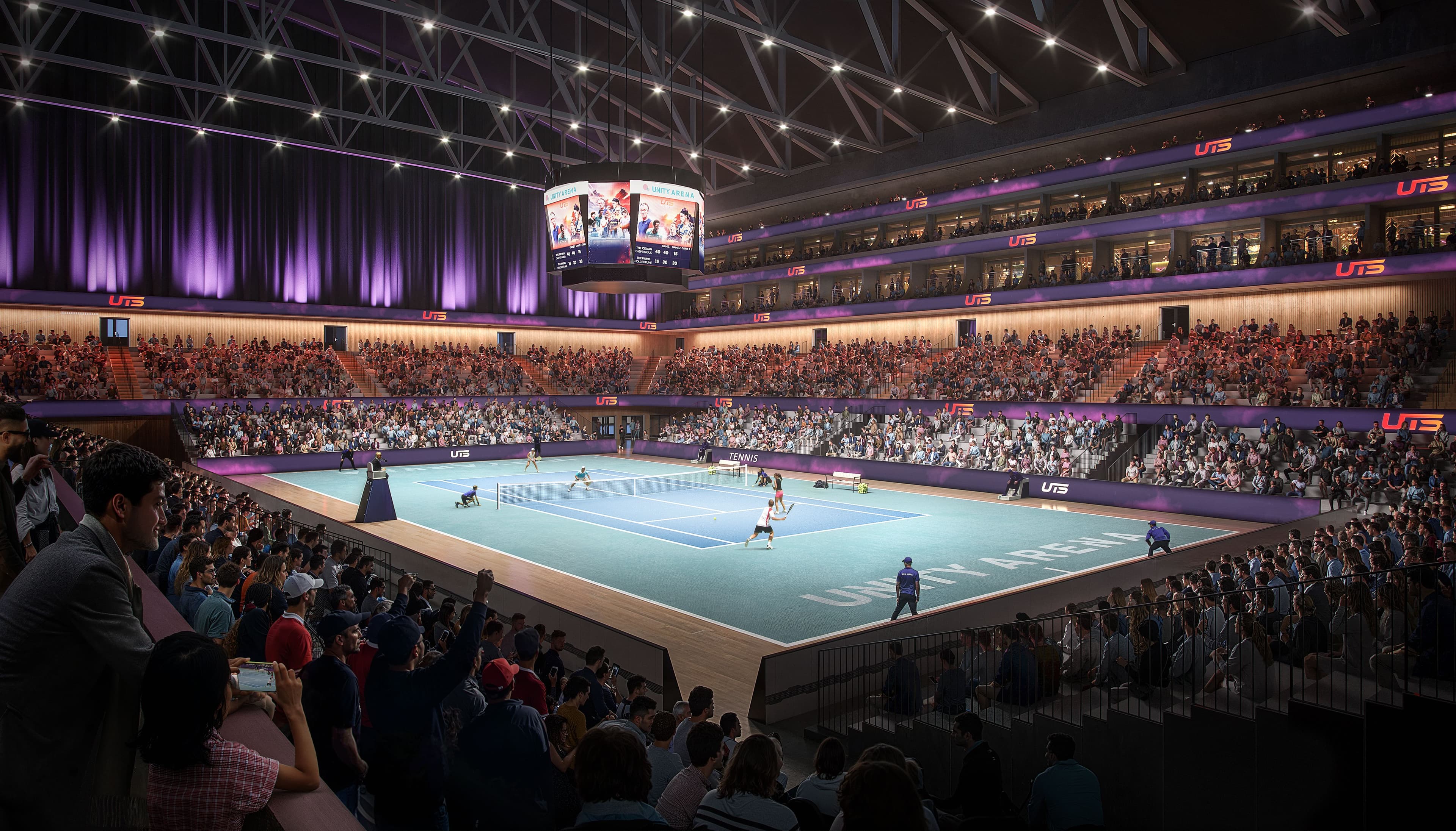 Tenniskamp i Nye Unity Arena. Illustrasjon: Rodeo arkitekter