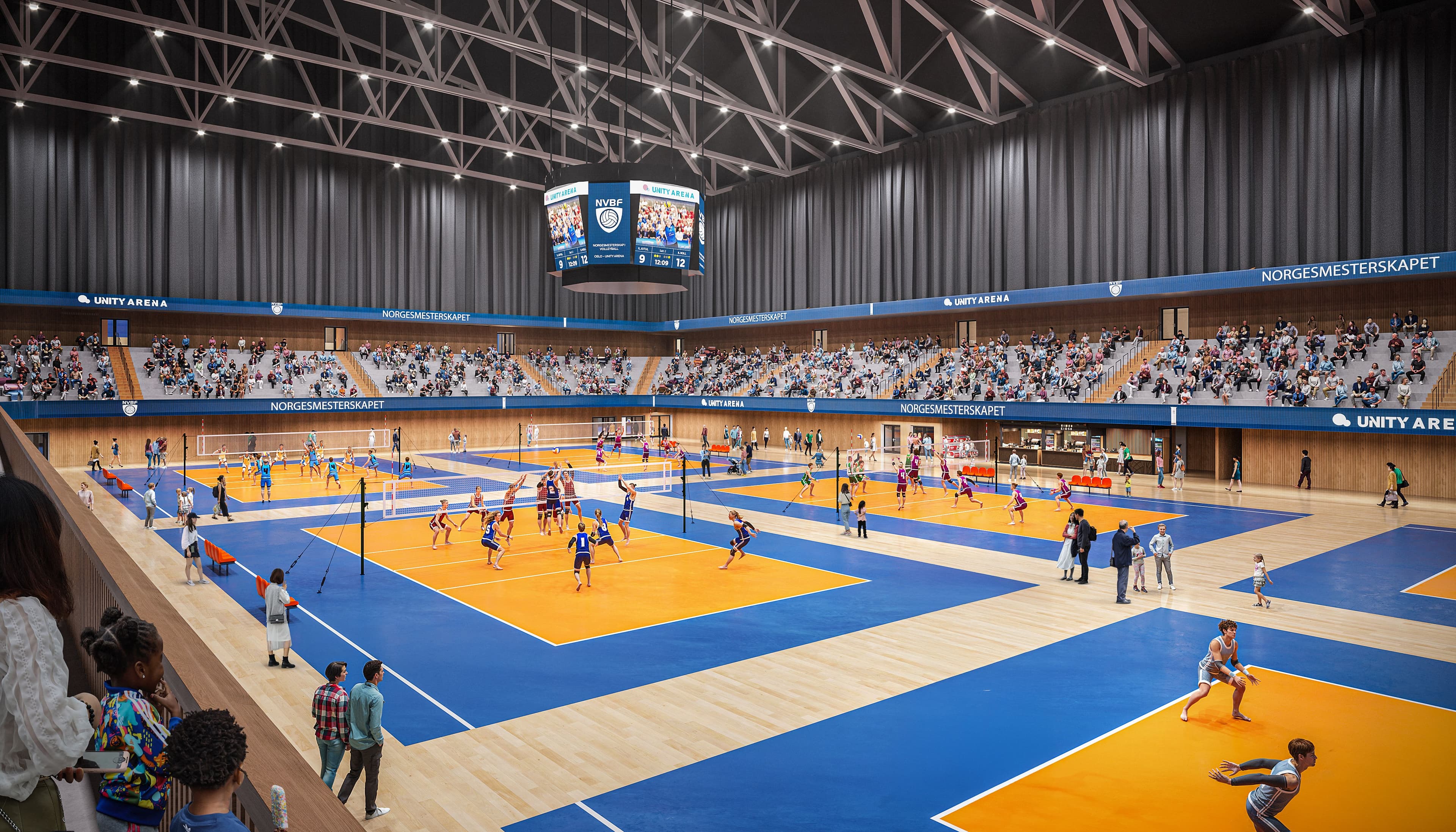 Volleyballmesterskap i Nye Unity Arena.Illustrasjon: Rodeo arkitekter