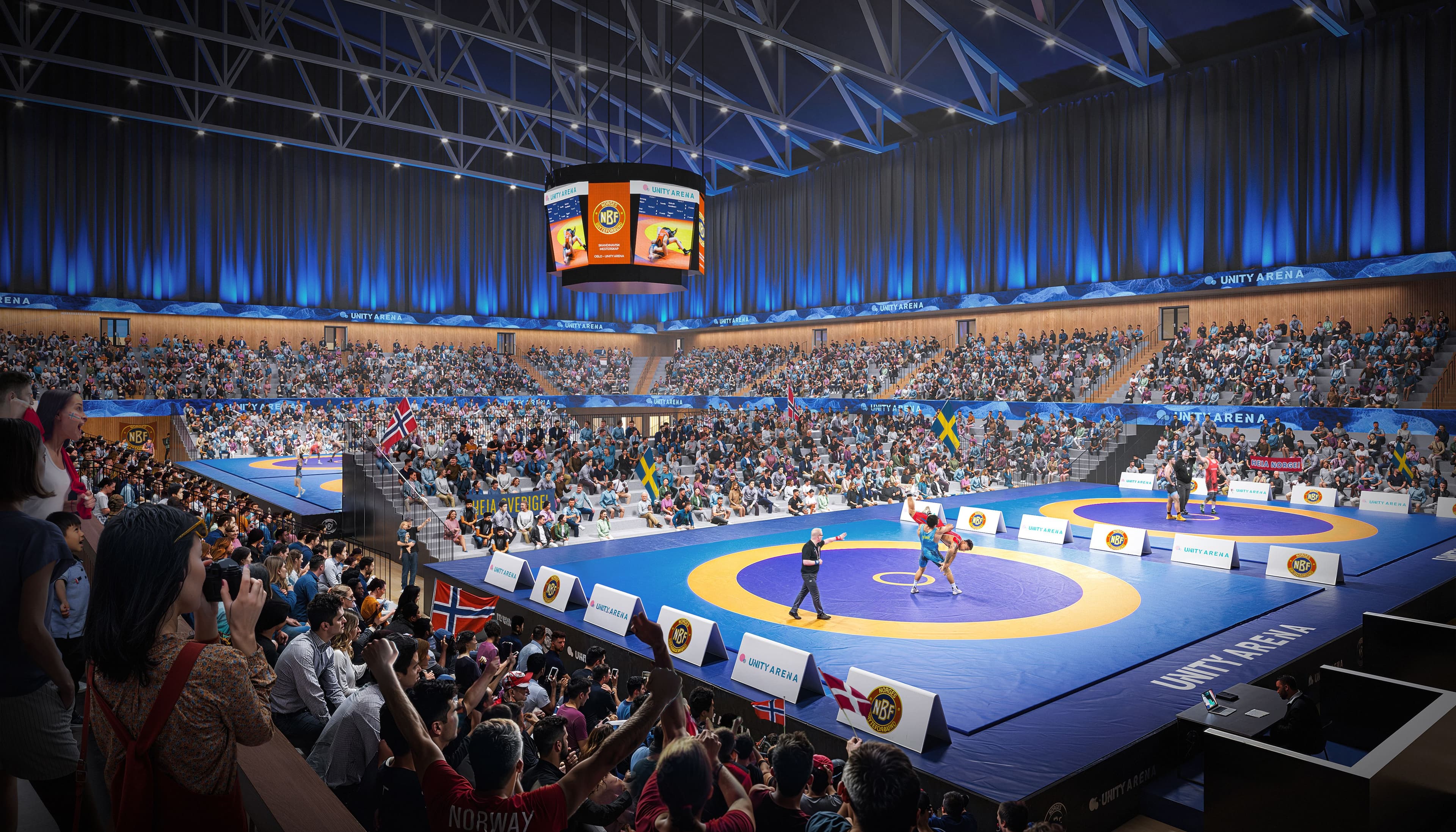 Brytemesterskap i Nye Unity Arena. Illustrasjon: Rodeo arkitekter.