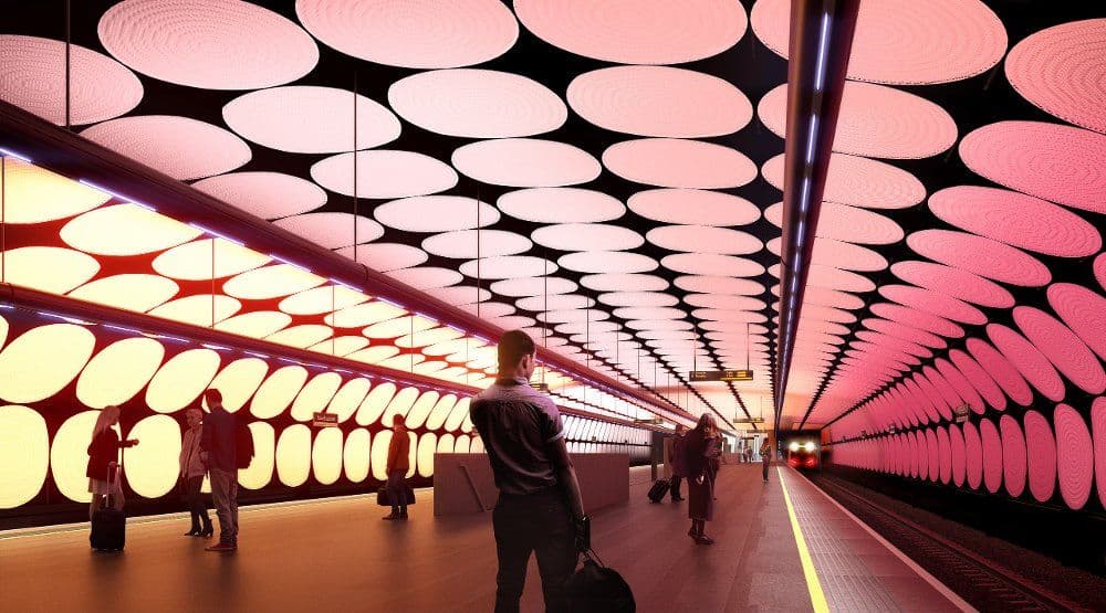 Illustrasjon av Fornebuporten T-banestasjon. Illustrasjon: A-lab og Zaha Hadid Architects